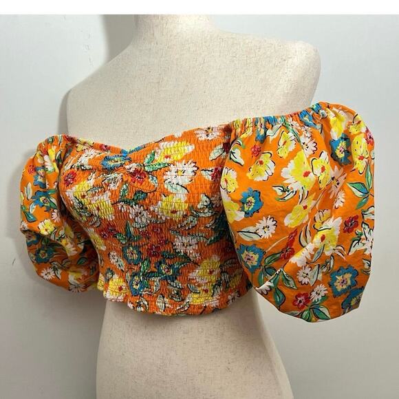 Zara Womens Balloon Sleeve Crop Top Flounce shirt Sz L Orange Floral Boho Fun - Picture 4 of 12